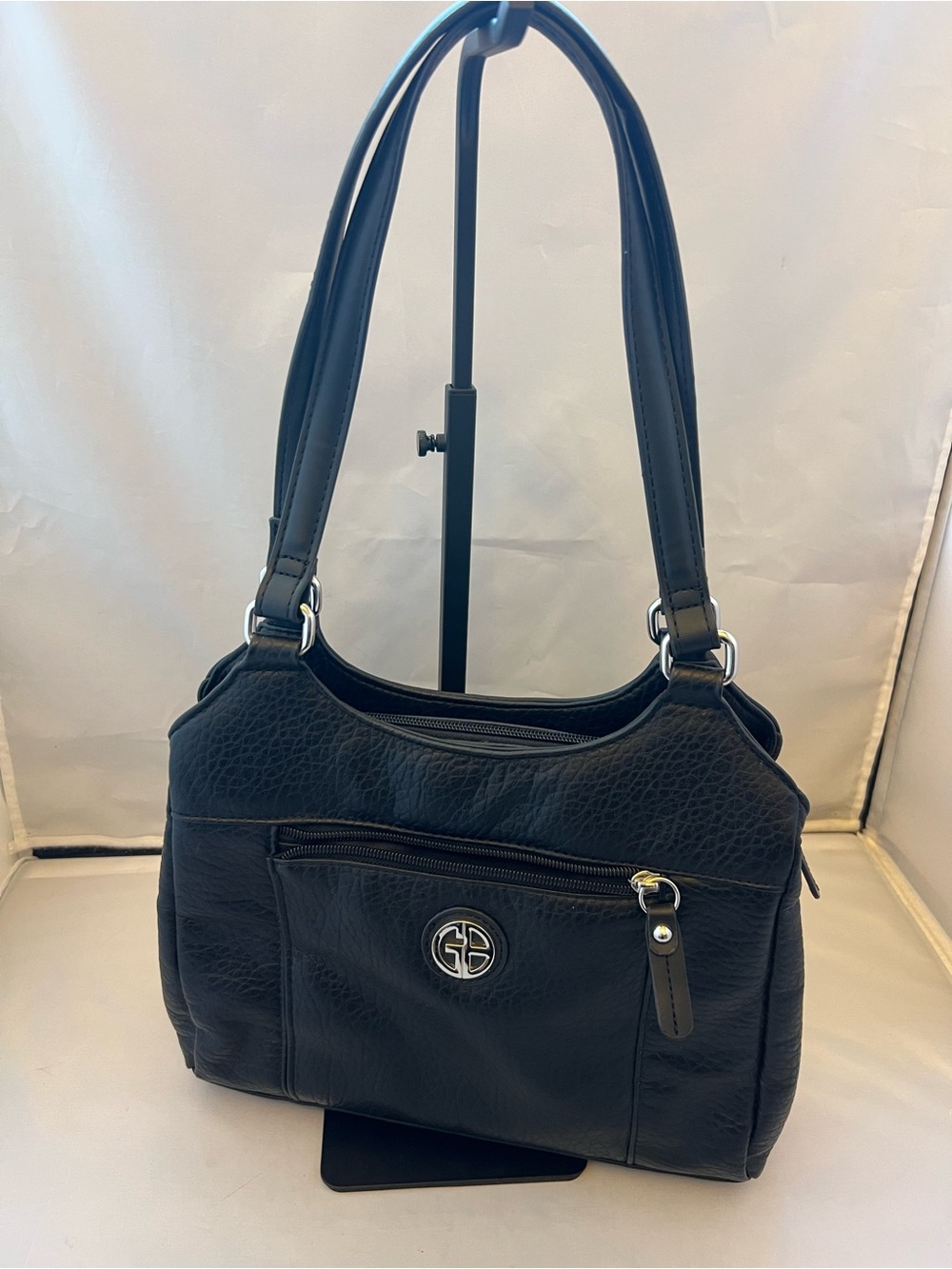 Giani Bernini Black Pebbled Leather Shoulder Bag with Front Zip Pocket